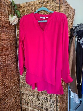 Susan Graver Pink Blouse Layered Hem Roll Tab Sleeve Size 10P